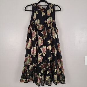 Anthropologie Maeve Black Sleeveless Swing Dress Shiny Metallic Thread Florals